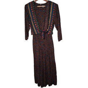 Vintage 1990s Rayon Jumpsuit S Black Tan Geometric Floral Geometric Wide Leg